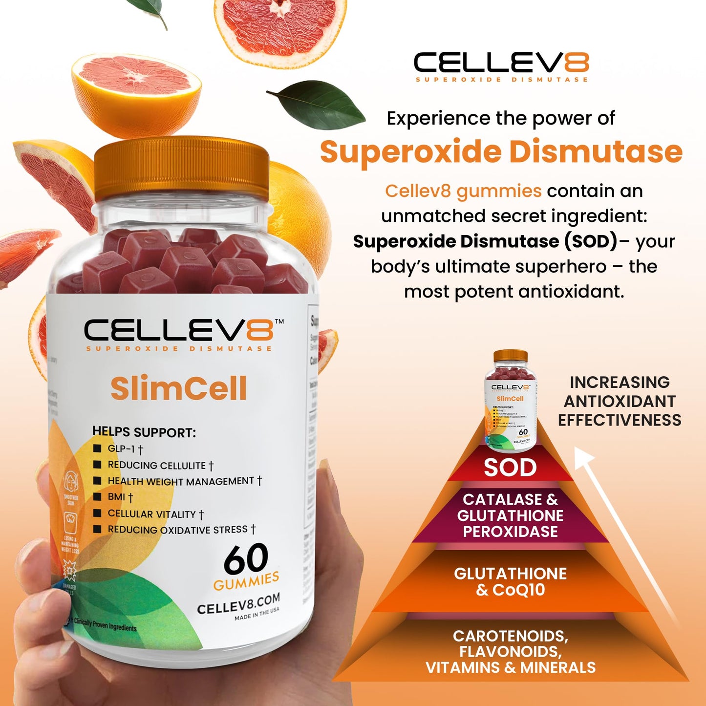 Cellev8 Superoxide Dismutase SlimCell Clinical Studied Metabolism & Appetite Support Gummies, 60 Count