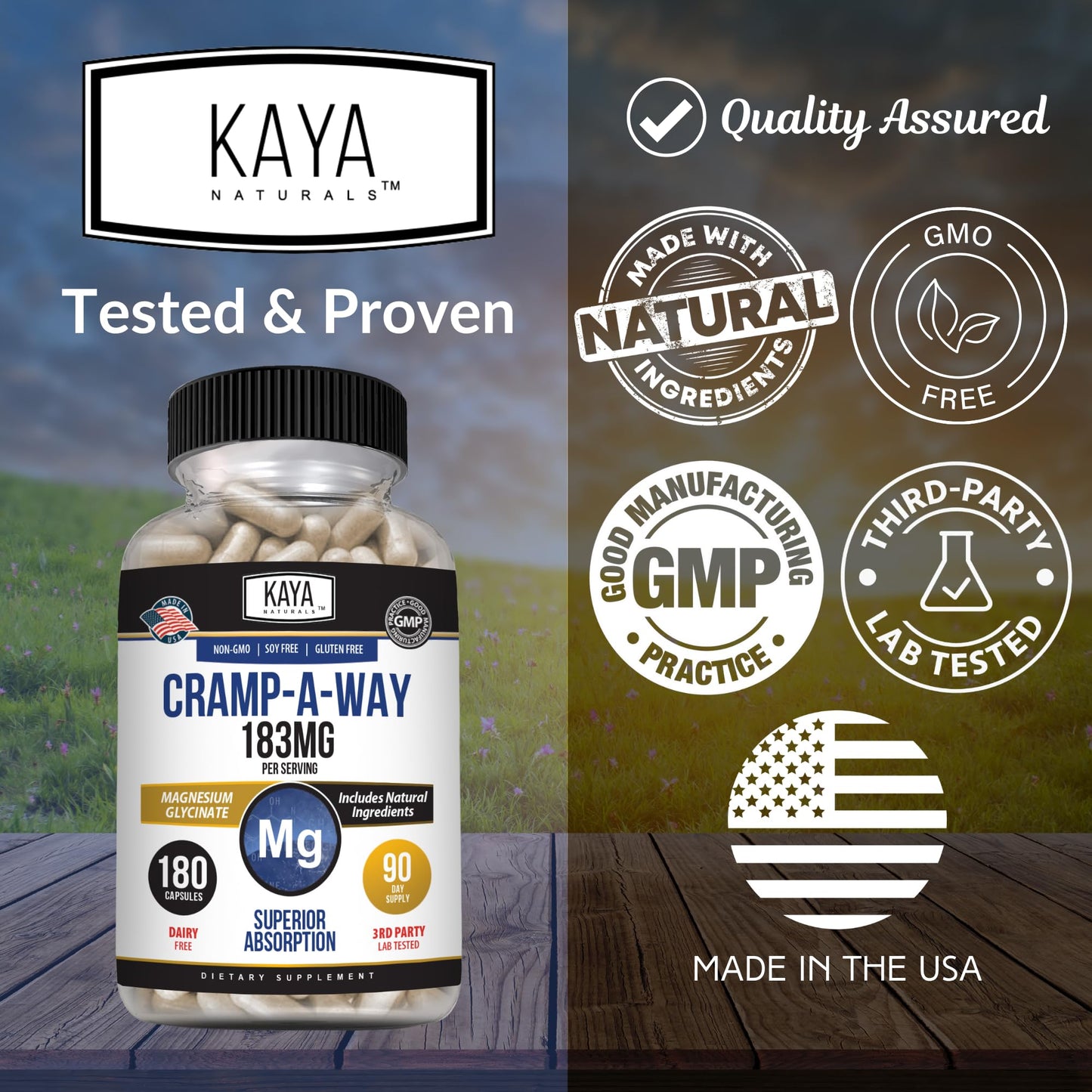 Kaya Naturals Cramp-A-Way Magnesium Glycinate 183mg Capsules, 180 Count