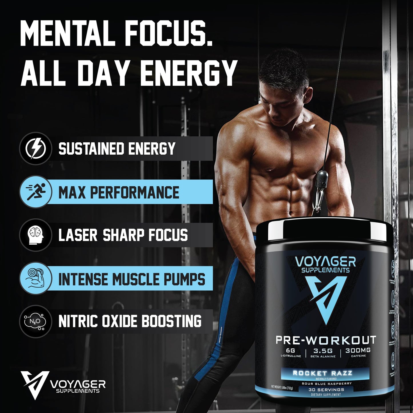 Voyager Supplements Pre-Workout Rocket Razz Powder 25 Servings