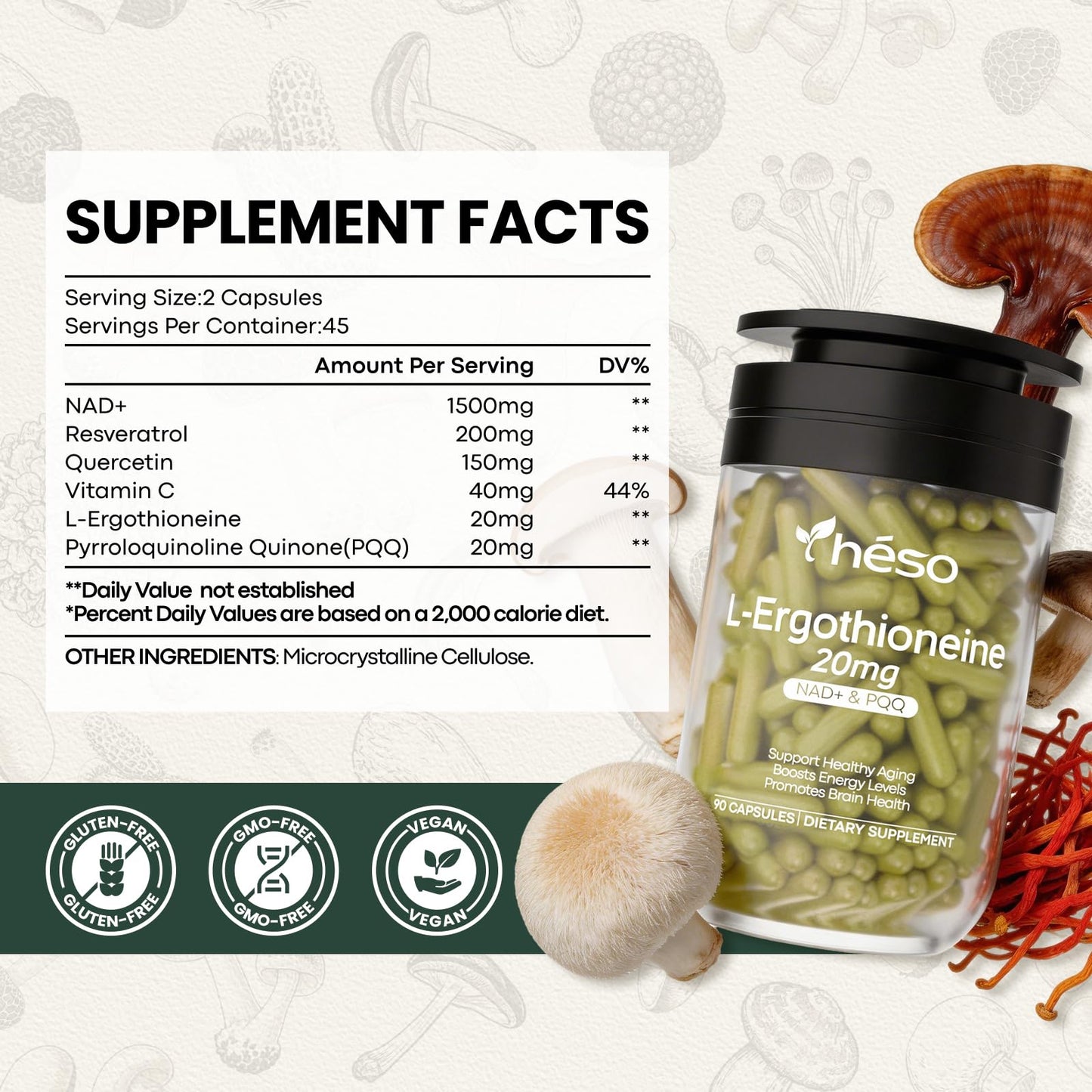 Yheso Ergothioneine Supplement 20mg High Potency Antioxidant Formula with Resveratrol, Quercetin, PQQ & Vitamin C Daily Vitality Support, 90 Capsules