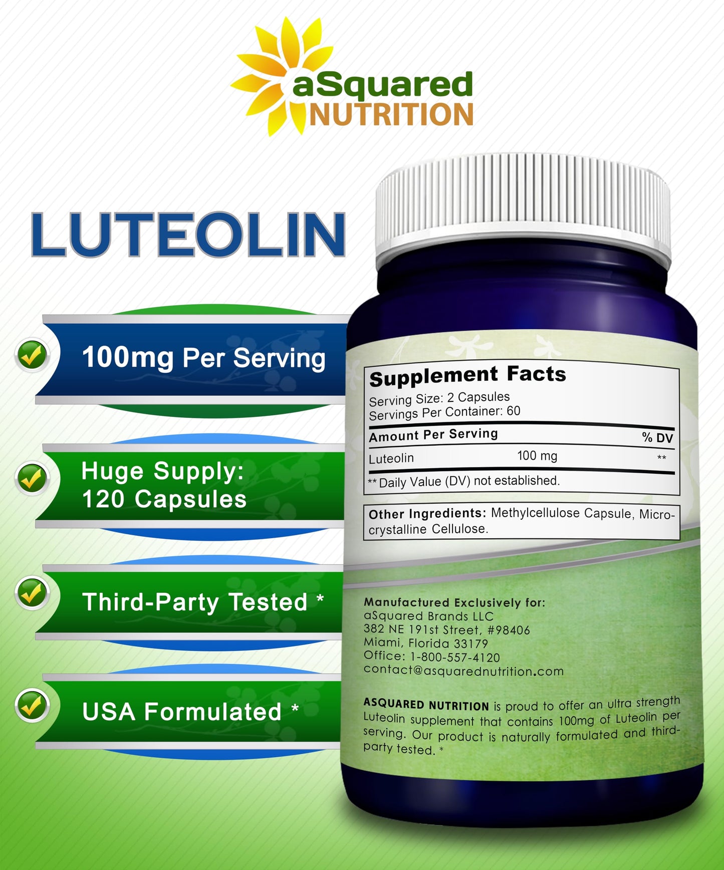 aSquared Nutrition Luteolin 100mg Capsules, 120 Count