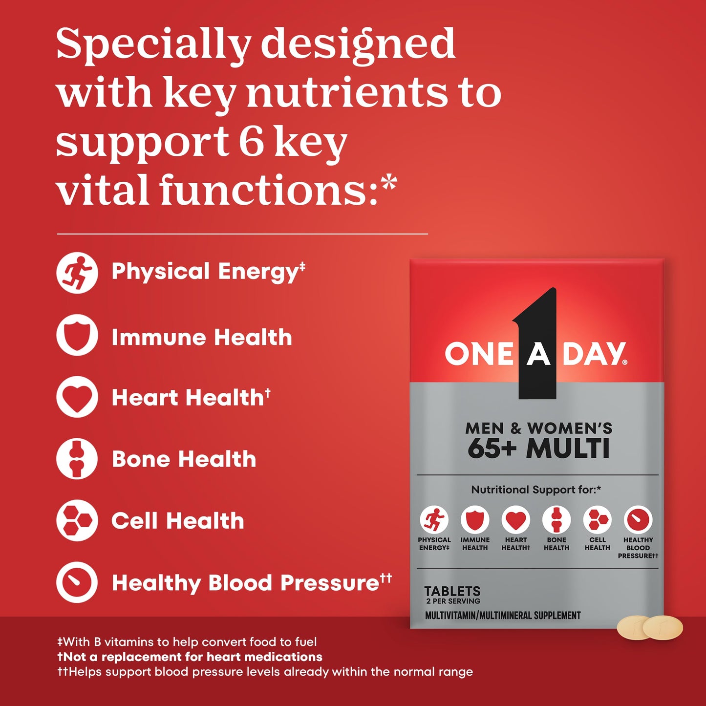 ONE A DAY Proactive 65+, Mens & Womens Multivitamin, Supplement with Vitamin A, C, D, and Zinc to Support Bone Health & Cell Health, Calcium, Folic Acid, Tablet 150 Count