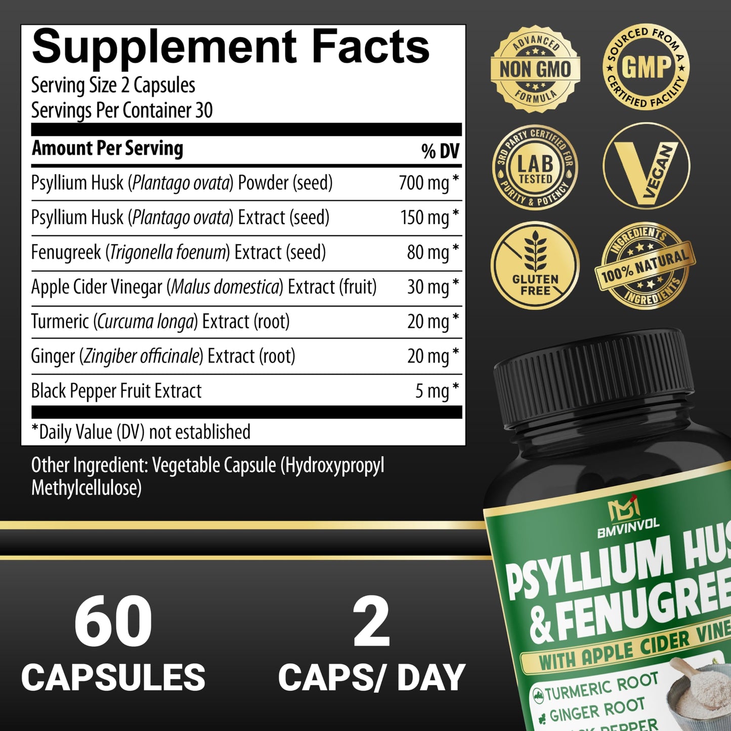 BMVINVOL 6in1 Psyllium Husk, Fenugreek, Apple Cider Vinegar, Turmeric, Ginger, Black Pepper Capsules, 60 Count