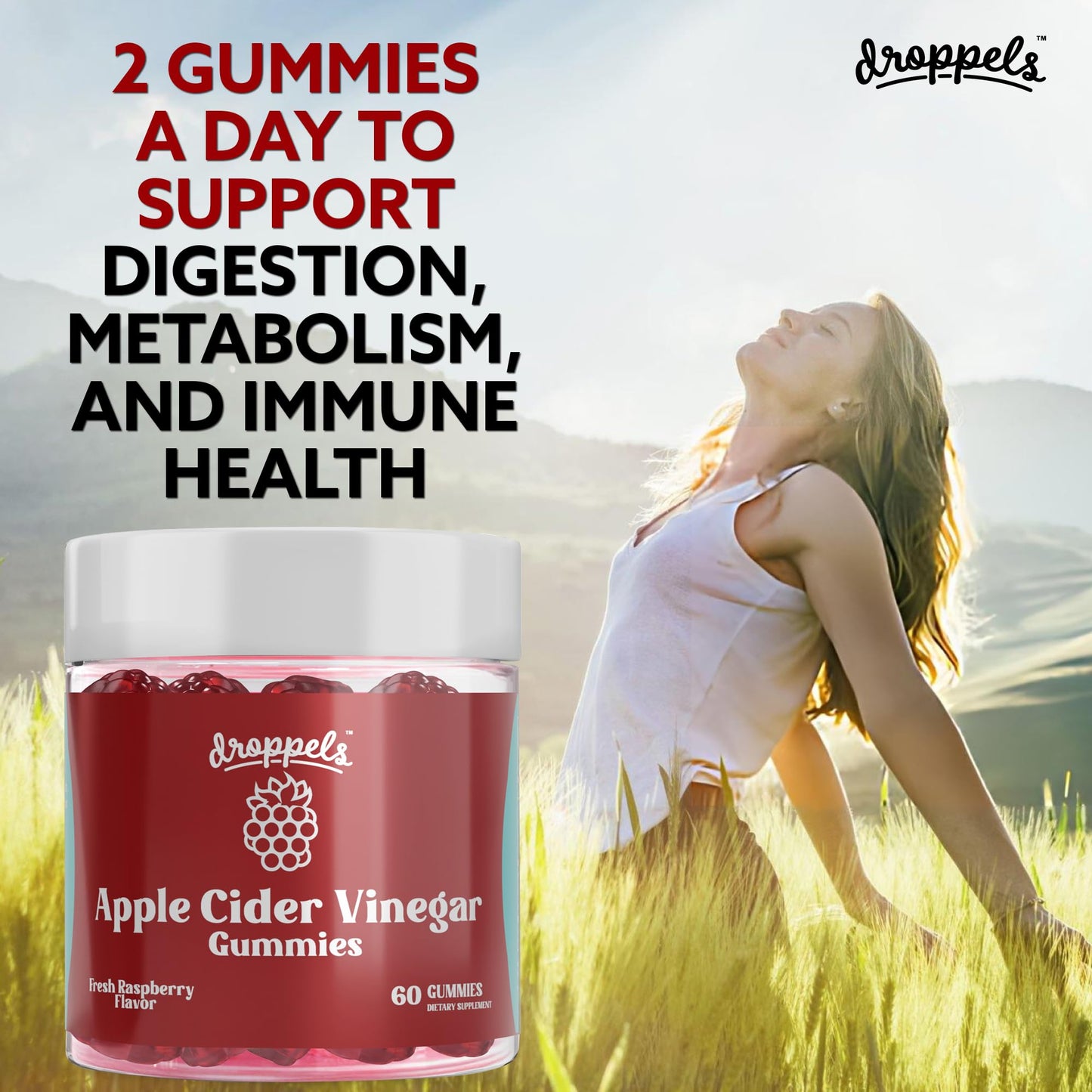 Droppels Apple Cider Vinegar Gummies 1000mg with Beet Root & Pomegranate, 60 Count