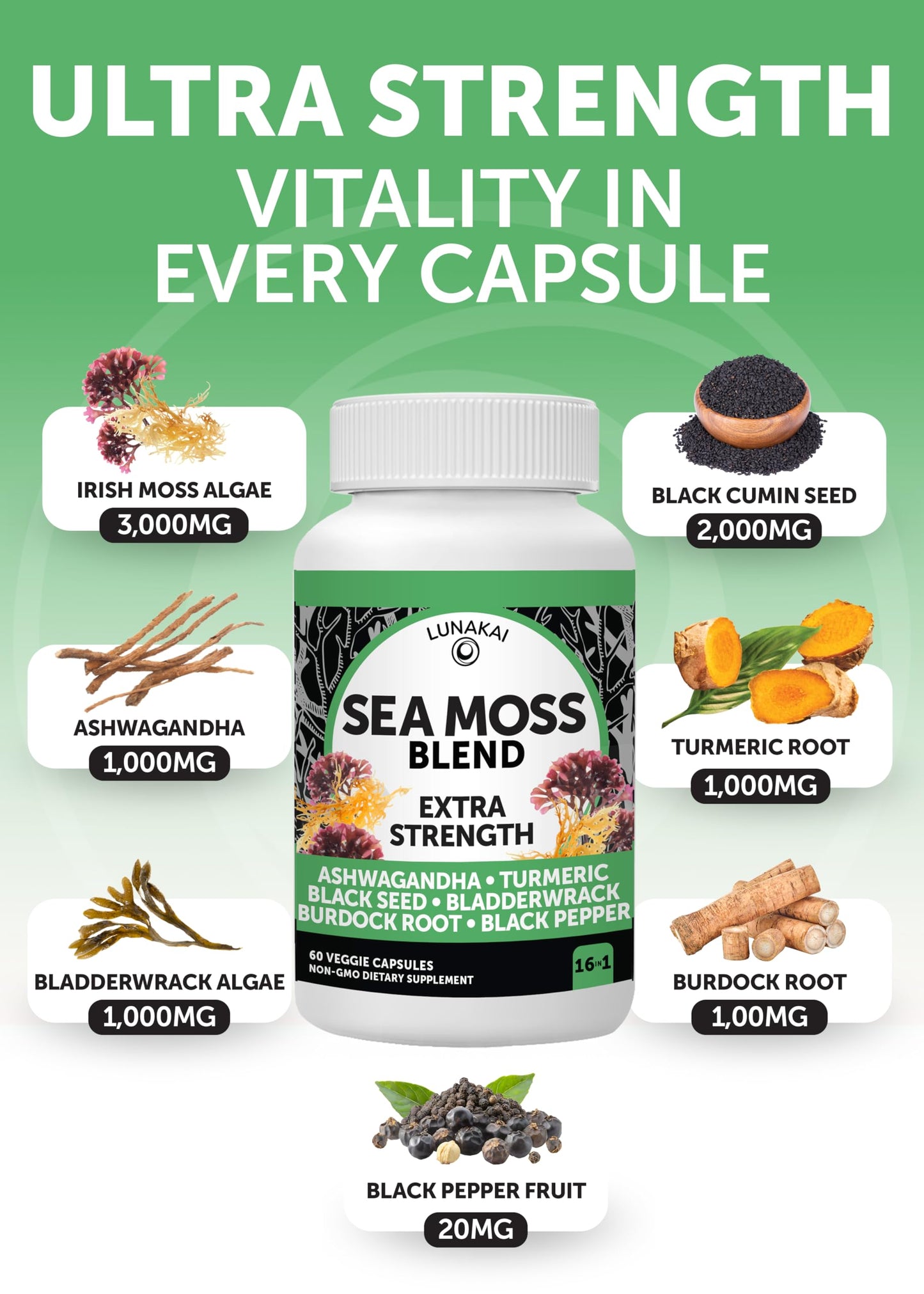 Lunakai Irish Sea Moss Capsules with Black Seed Oil, Ashwagandha, Burdock Root & Bladderwrack, 60 Capsules