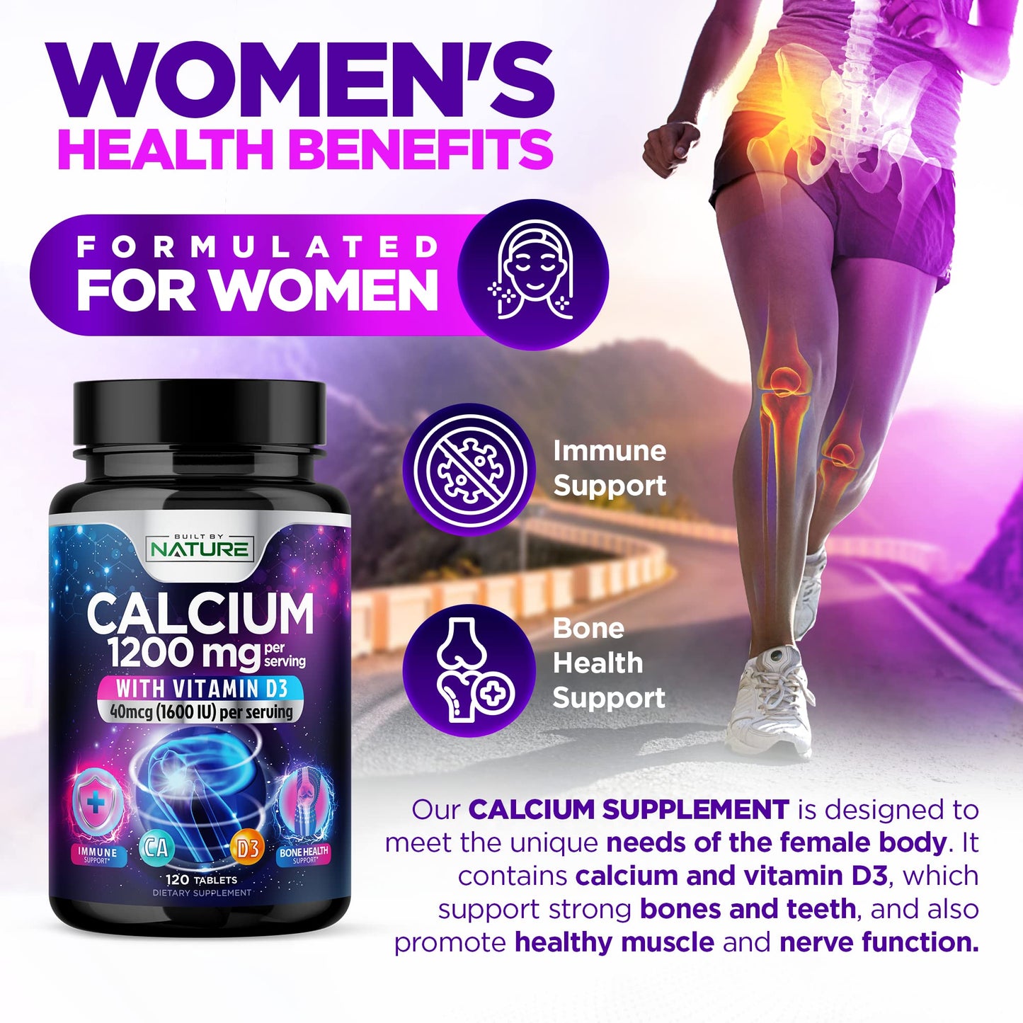 Built by Nature Calcium 1200mg with Vitamin D3 for Best Absorption, 120 Tablets