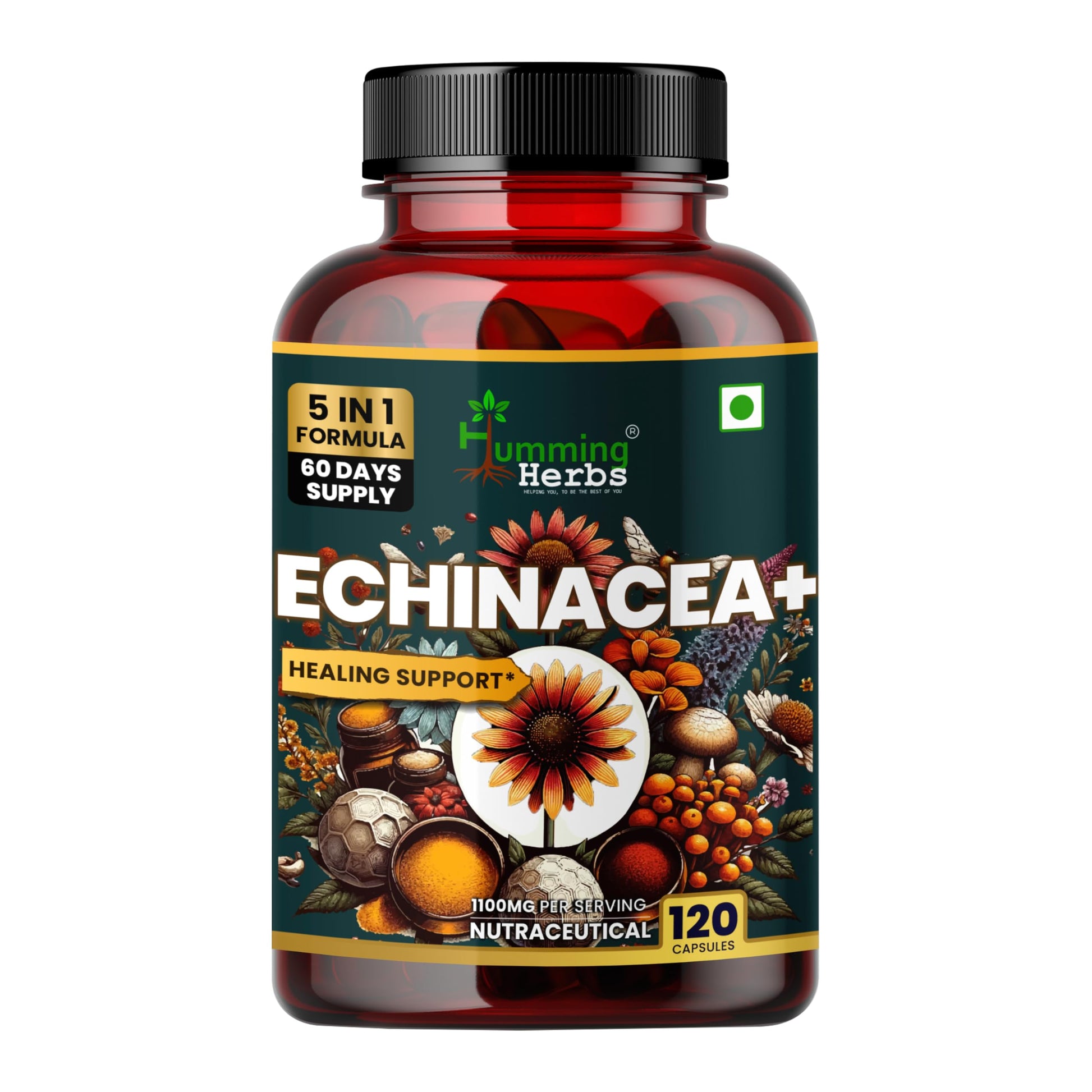 Humming Herbs Echinacea Complex with Tulsi (Holy Basil), Quercetin, Vitamin C & Zinc Capsule, 120 Count
