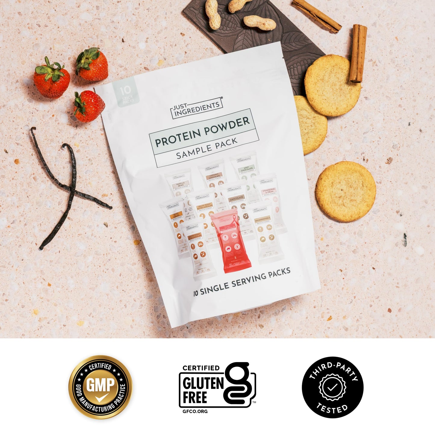 JUST INGREDIENTS Grass-Fed Whey Protein Powder Sample Pack Sticks 10