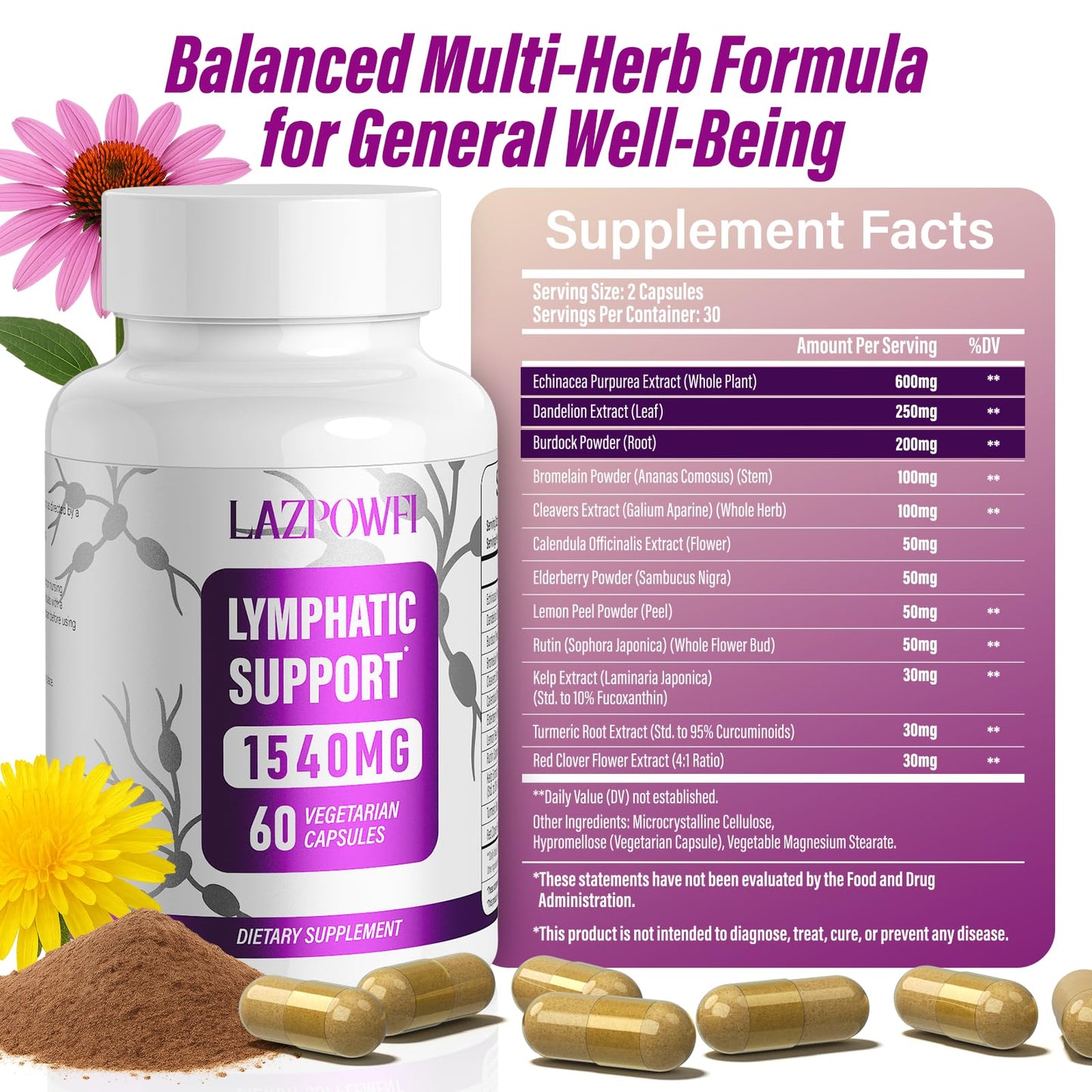 Lazpowfi Lymphatic Drainage Supplements, 180 Capsules