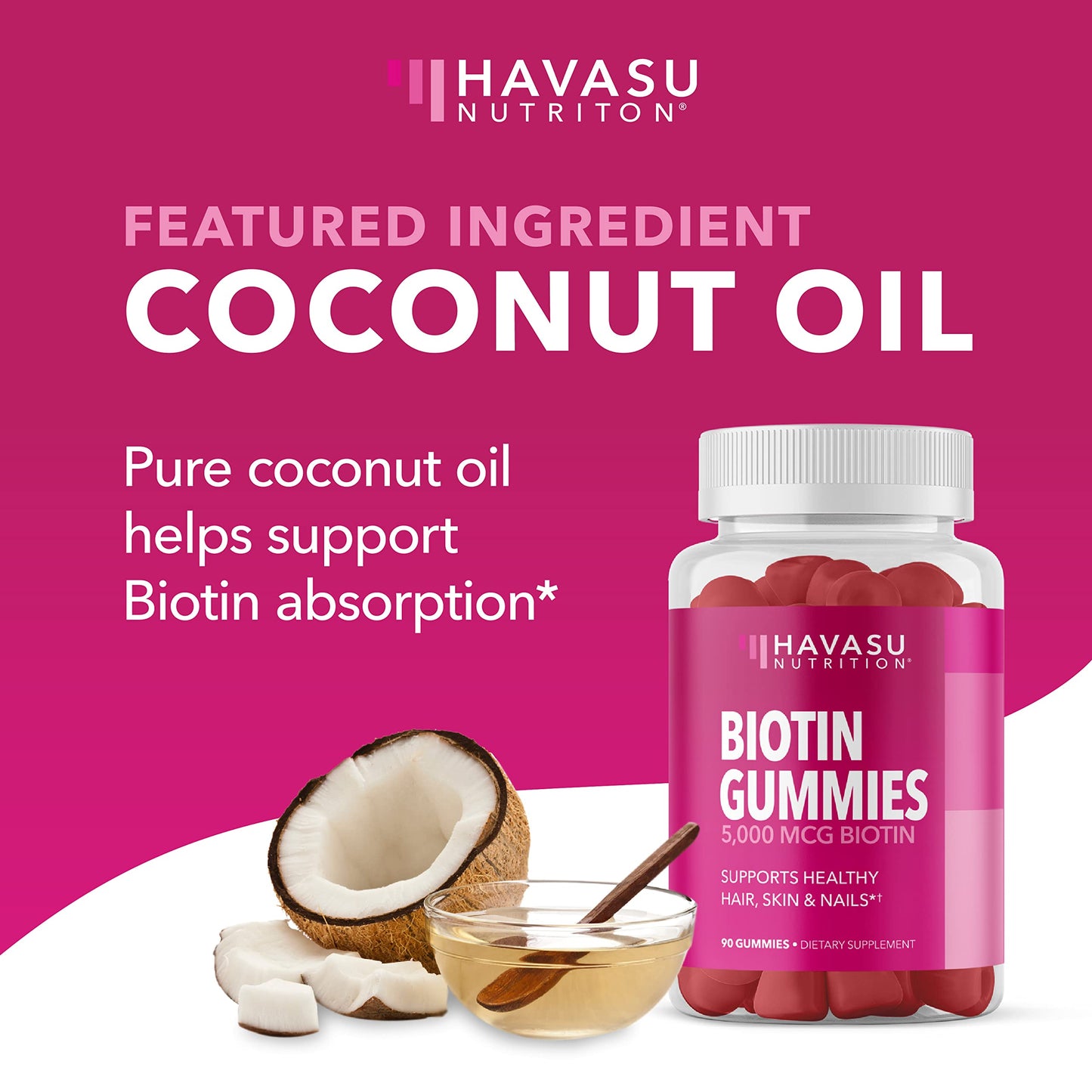 HAVASU NUTRITION Biotin 5000mcg Gummies - Hair, Skin and Nails - Vitamin B7 - Strawberry, 90 Count