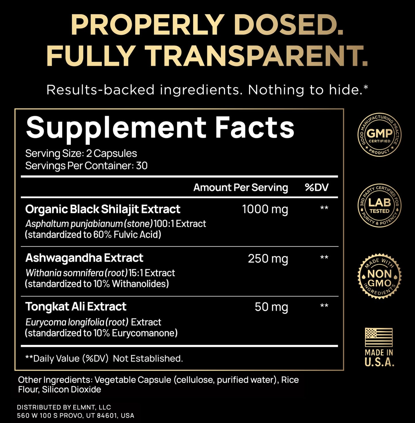 TERRA ELMNT 100x Strength Black Shilajit for Men with 10% Tongkat Ali & Ashwagandha, 60 Capsules