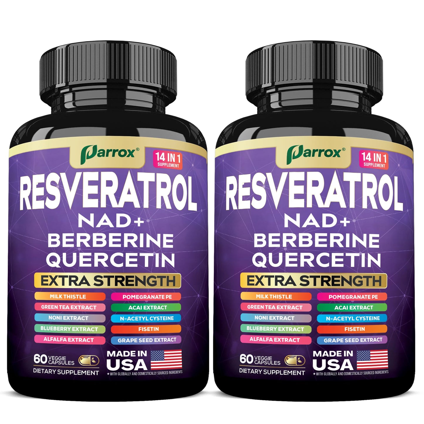 Parrox Resveratrol Supplement, 14-in-1 NAD, Berberine & Quercetin Capsules, 120 Count