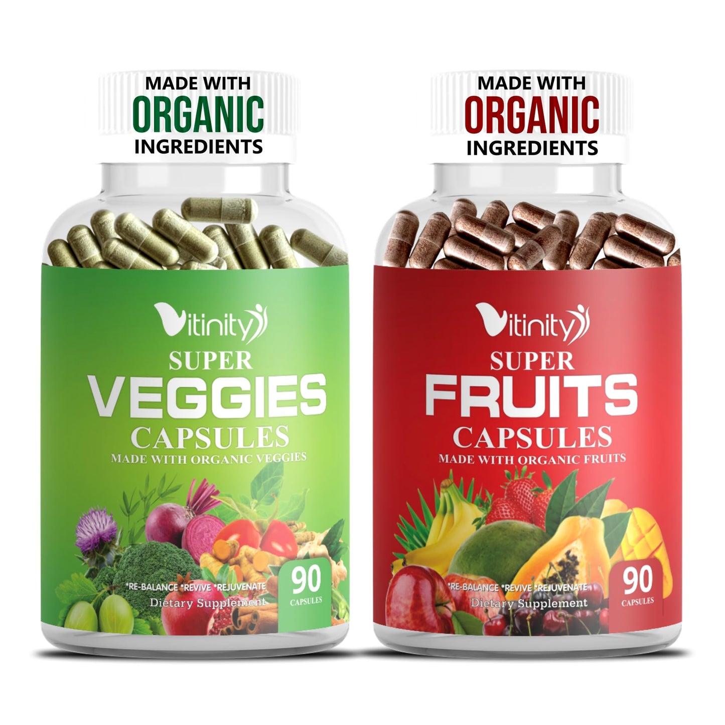VITINITY Organic Fruits & Veggies Capsules - Superfood Vegetable Vitamin Supplement, Fruits & Greens Blend, 2 Capsules