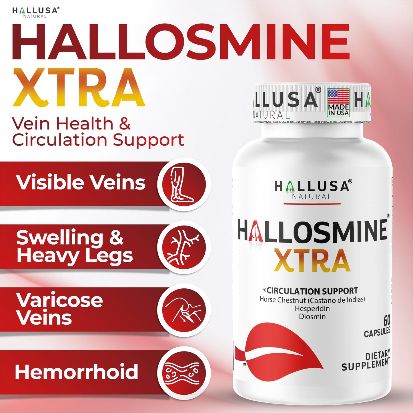 Hallusa Natural Hallosmine Xtra 850mg, Diosmin, Hesperidin & Horse Chestnut, Leg Circulation & Vein Support, Varicose Veins, Hemorrhoids, Lymphatic Drainage, 60 Capsules