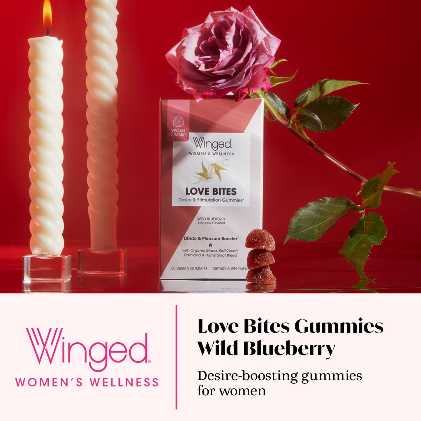 Winged Wellness Love Bites Libido Booster for Women with Maca Root, Horny Goat Weed & Damiana Gummy Supplement - Wild Blueberry, 60 Gummies