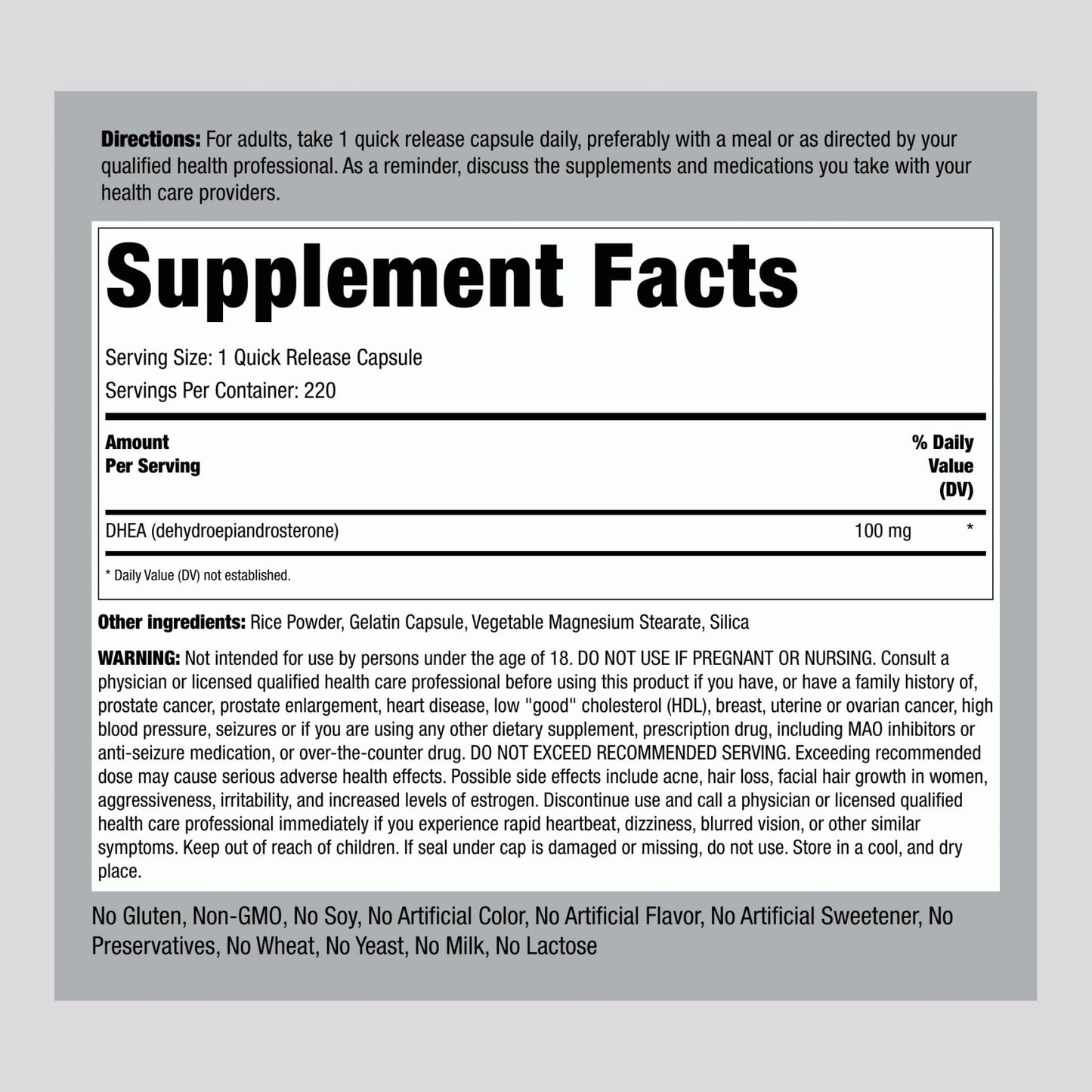 Piping Rock DHEA Supplement Capsules 220
