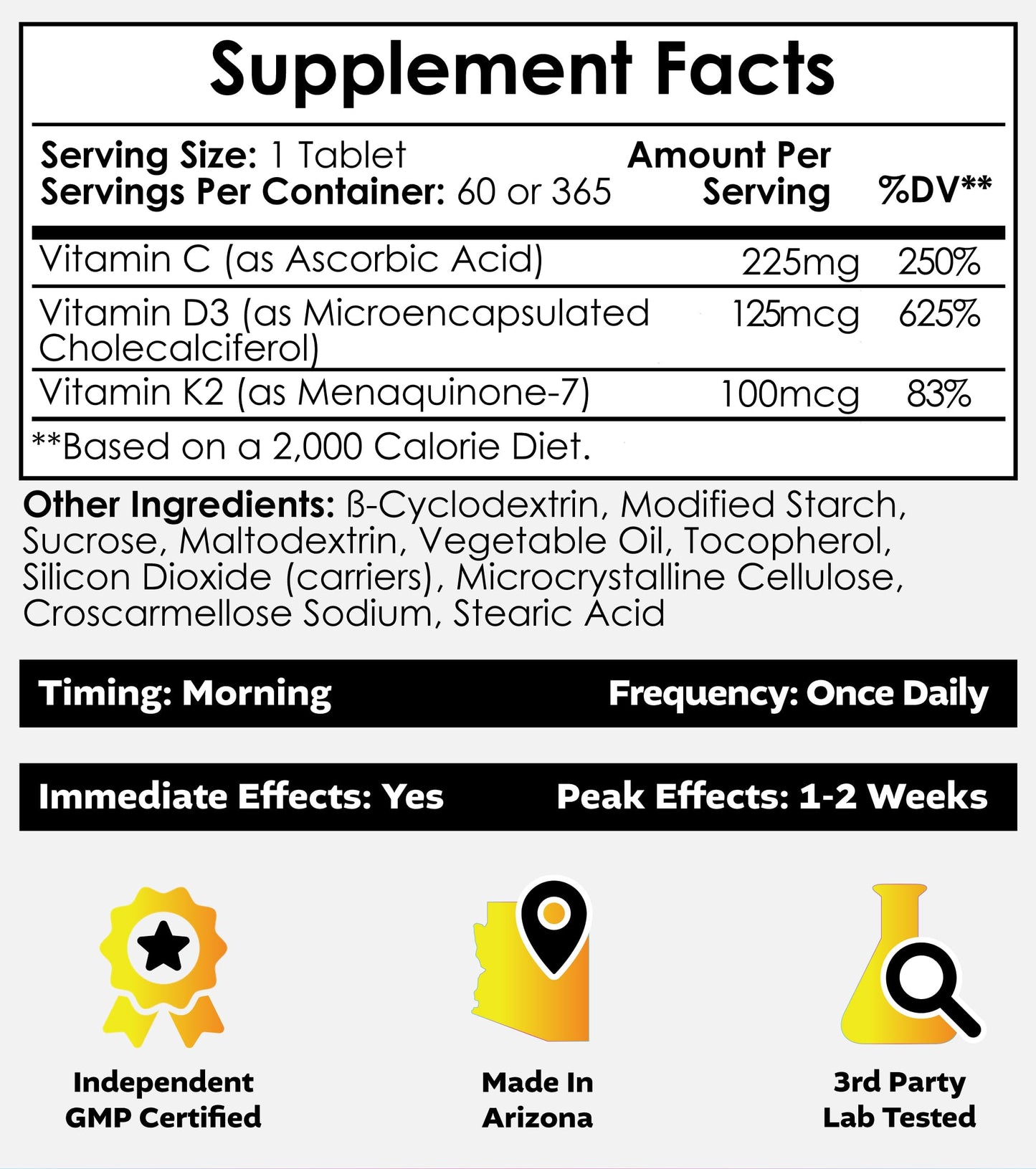 Nootropics Depot Vitamin D3 + K2 with Vitamin C Tablets 365 Tablets