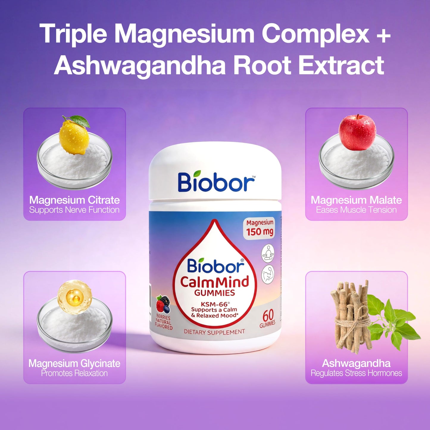 Biobor CalmMind Magnesium Gummies with Ashwagandha, 60 Gummies
