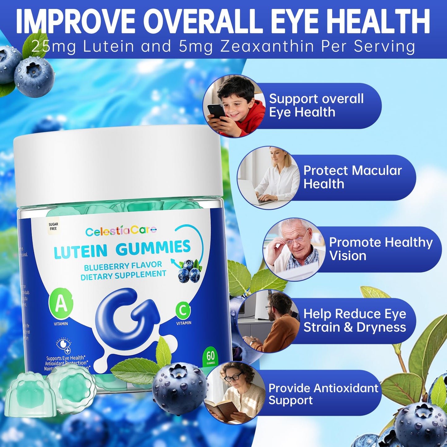 CelestiaCare Lutein and Zeaxanthin Eye Vitamins Gummies, 120 Count