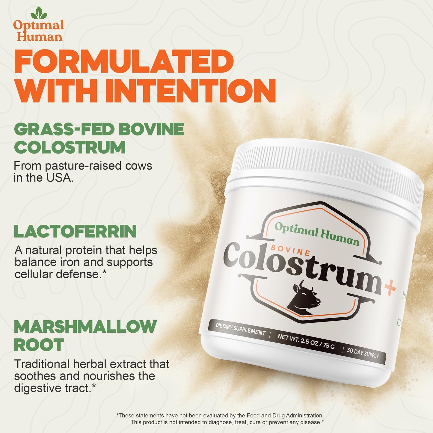 O H Optimal Human Bovine Colostrum Powder with Marshmallow Root, 2.5 oz