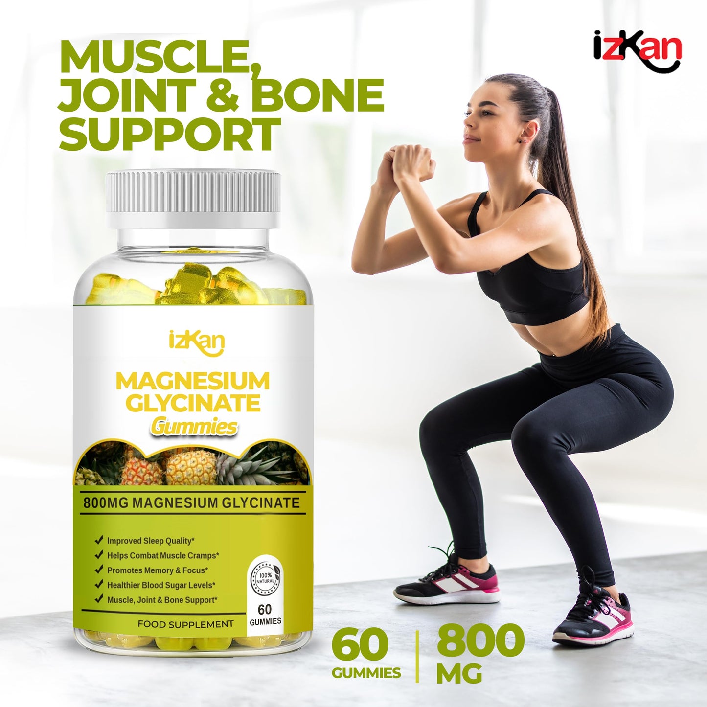 Izkan Magnesium Glycinate Gummies 800mg - Sugar Free Supplement for Adults & Kids with Ashwagandha, Lemon Balm Extract & CoQ10 for Calm Mood & Muscle, Immune Support, 60 Gummies
