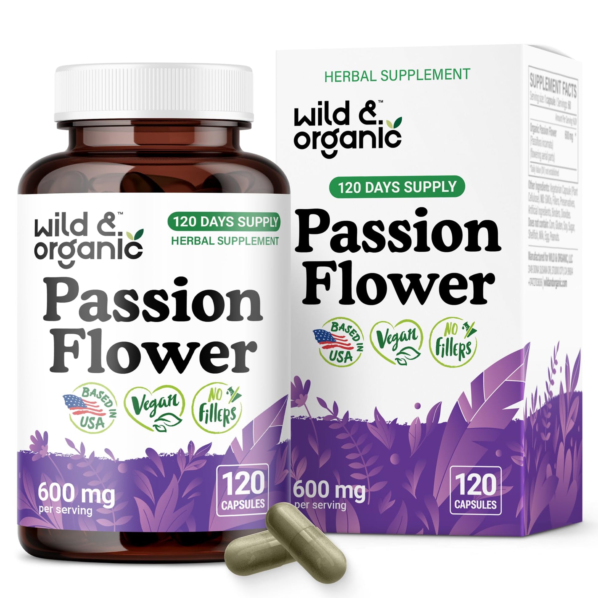Wild & Organic Passion Flower Extract Capsules 600 mg 120 Count