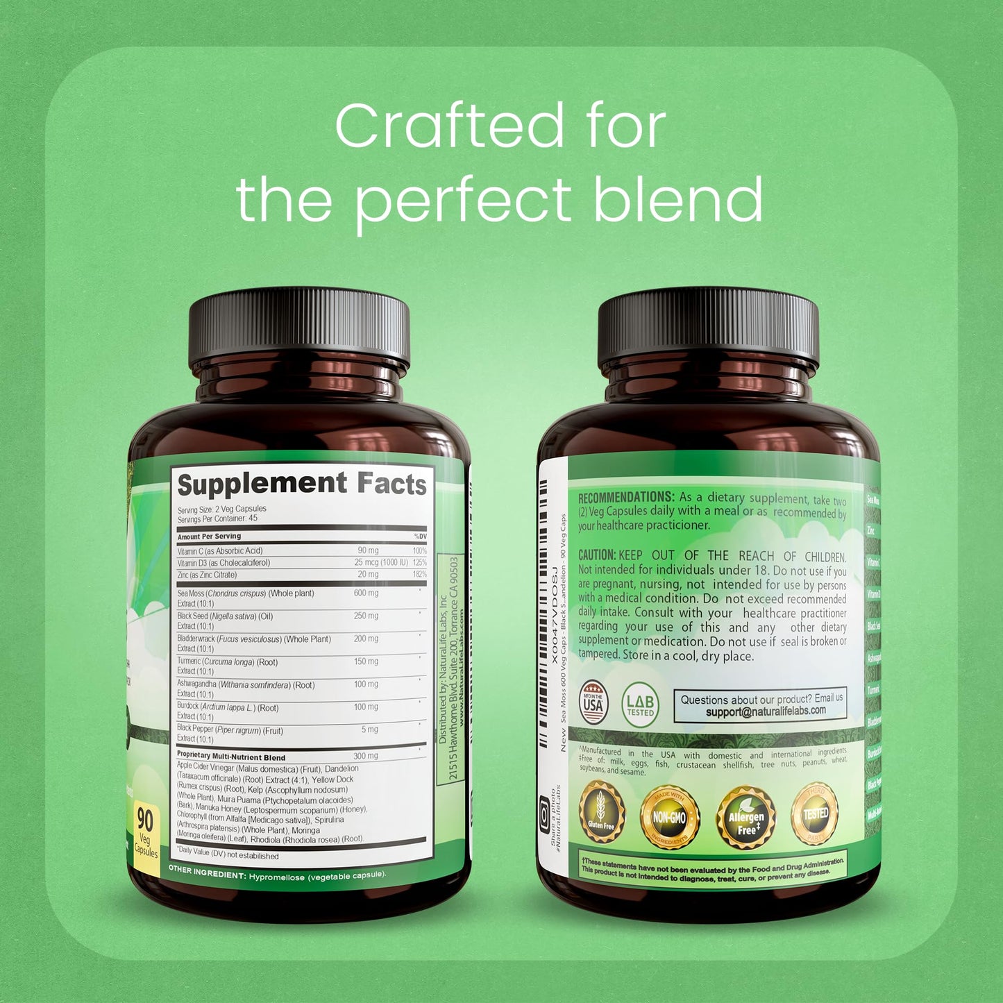 NaturaLife Labs Sea Moss & Black Seed Oil Complex with Bladderwrack, Turmeric, Ashwagandha, Burdock, Vitamin C & D3, Yellow Dock Root, Manuka, Dandelion, 90 Capsules