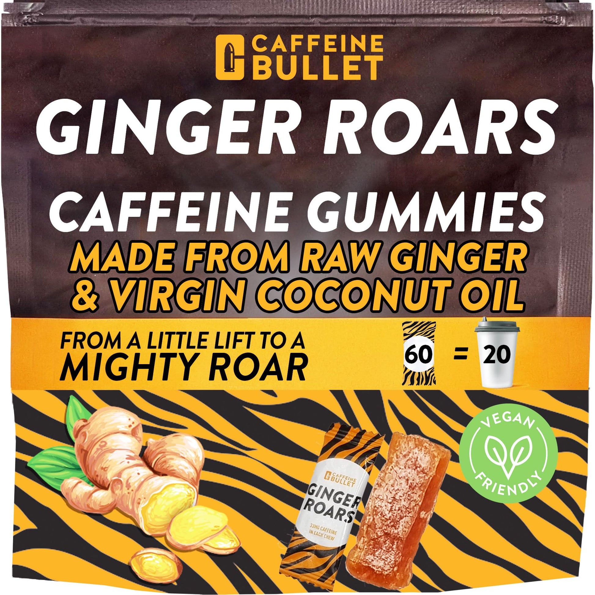 Caffeine Bullet 33mg Caffeine Chews Ginger Gummies, 60 Gummies