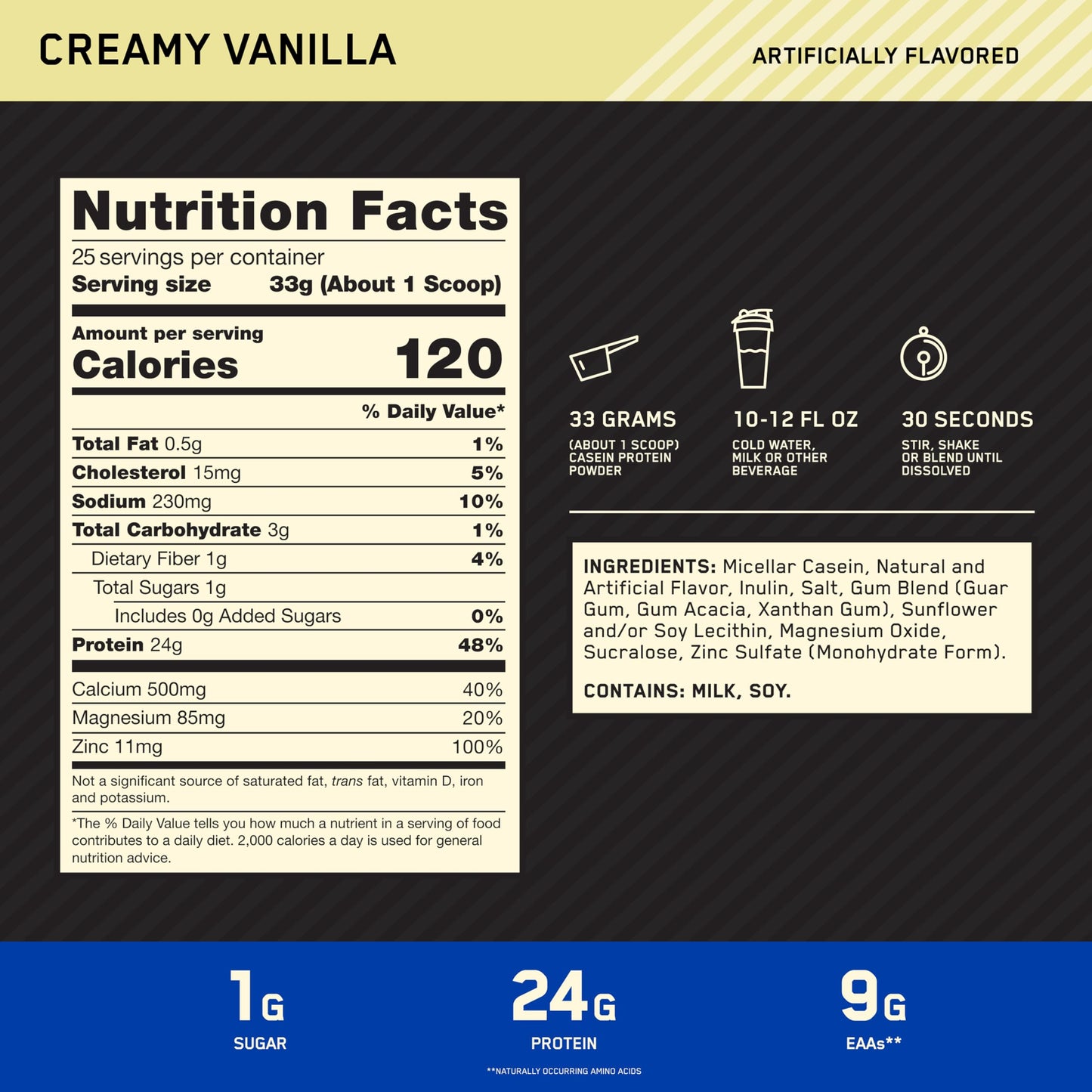 Optimum Nutrition Gold Standard 100% Micellar Casein Protein Powder, Creamy Vanilla, 2 Pound, 908