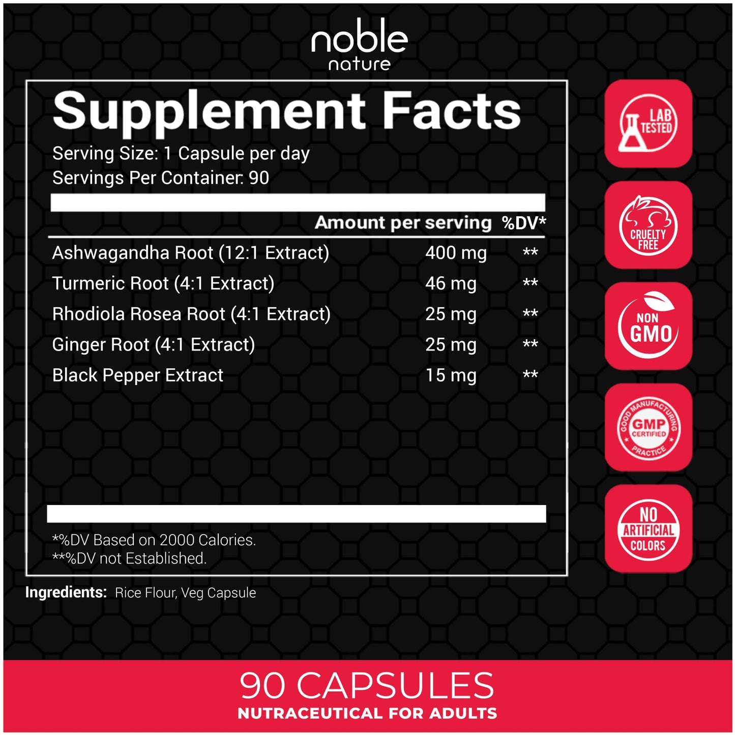 Noble Nature Ashwagandha Supplement with Turmeric, Rhodiola Rosea, Ginger Root, and Black Pepper Extract Capsule 90 Count