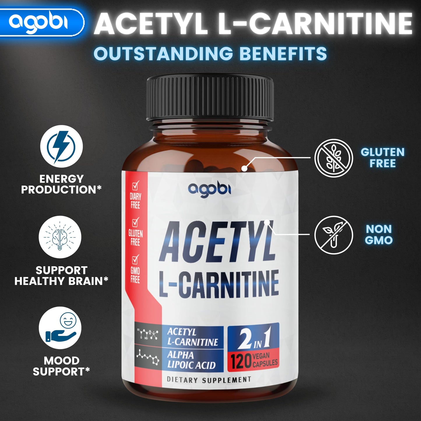 agobi Acetyl L-Carnitine & Alpha Lipoic Acid Complex 1500mg Capsules, 120 Count
