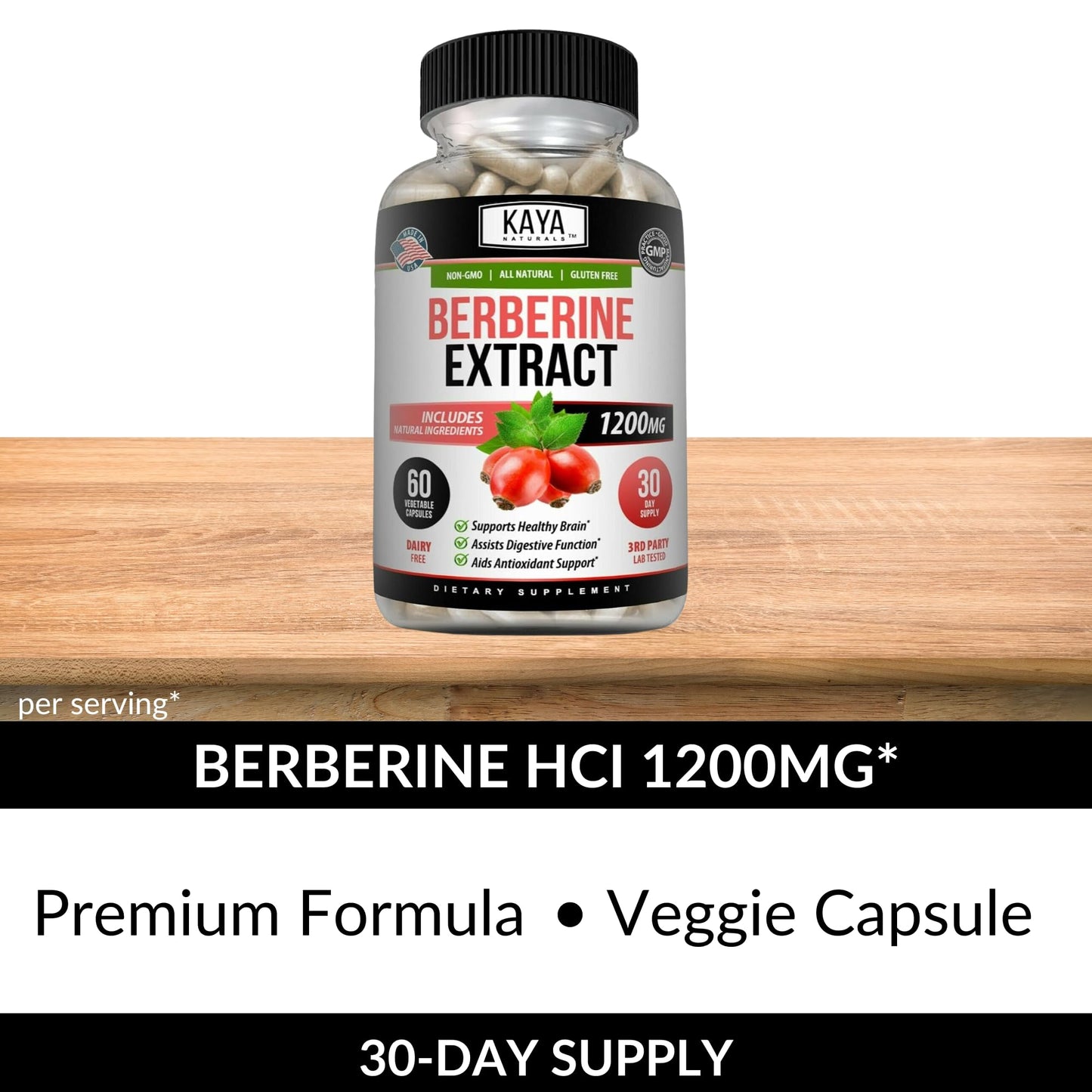 Kaya Naturals Berberine HCl Extract 1200mg Capsules, 120 Capsules