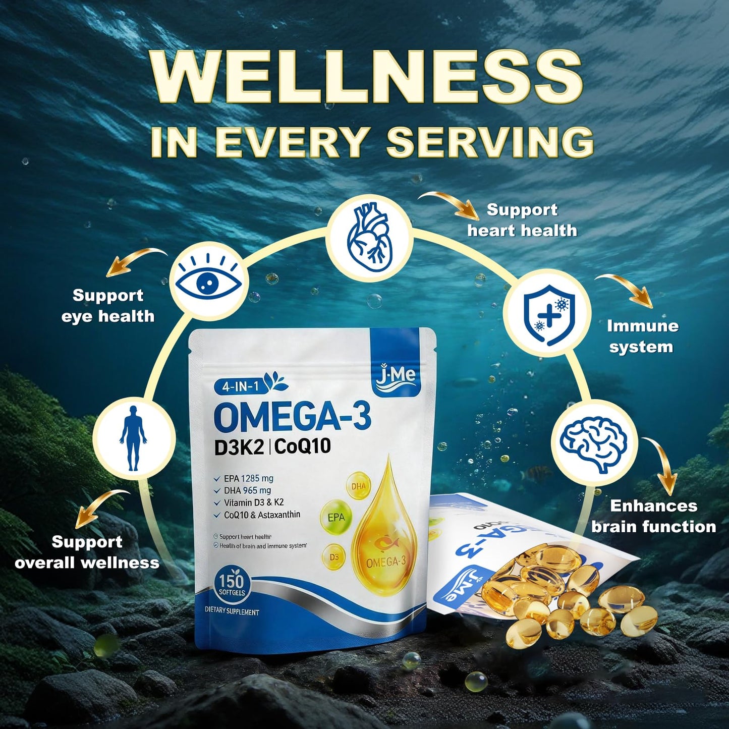 JME Omega-3 Fish Oil Softgels 2500mg EPA/DHA + Vitamin D3 K2, CoQ10 & Astaxanthin, Lemon Flavor, 300 Softgels