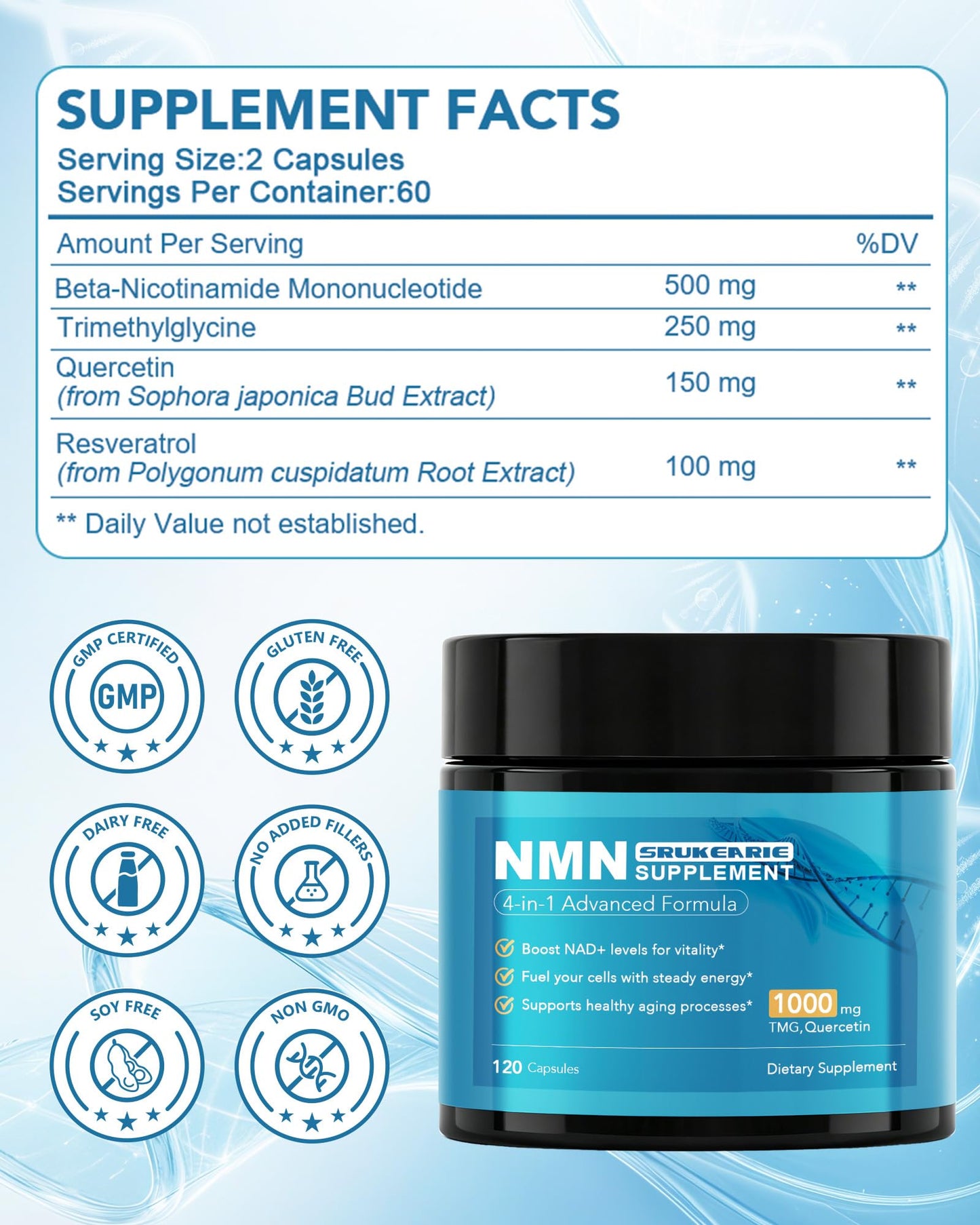 SRUKEARIE NMN Supplement, 4-in-1 Liposomal NMN 1000mg with Resveratrol, TMG & Quercetin – NMNH Alternative & NAD+ Precursor for Men & Women – Supports Cellular Energy & NAD+ Levels, 120 Capsules