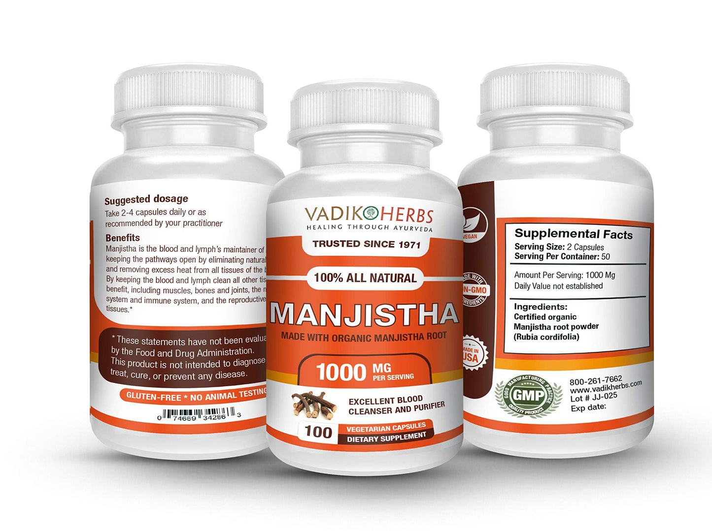Vadik Herbs Manjistha (Rubia cordifolia, Indian Madder) Pure Wild Harvested Tablets 100