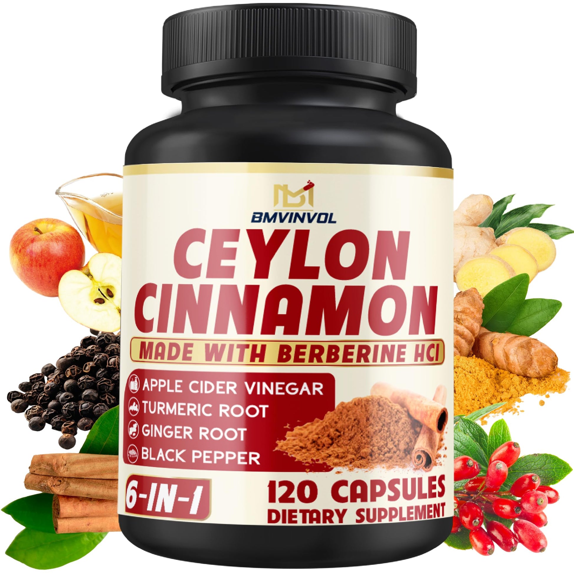 BMVINVOL Ceylon Cinnamon Capsules with Berberine HCl, Apple Cider Vinegar, Turmeric, Ginseng, Black Pepper, 120 Count