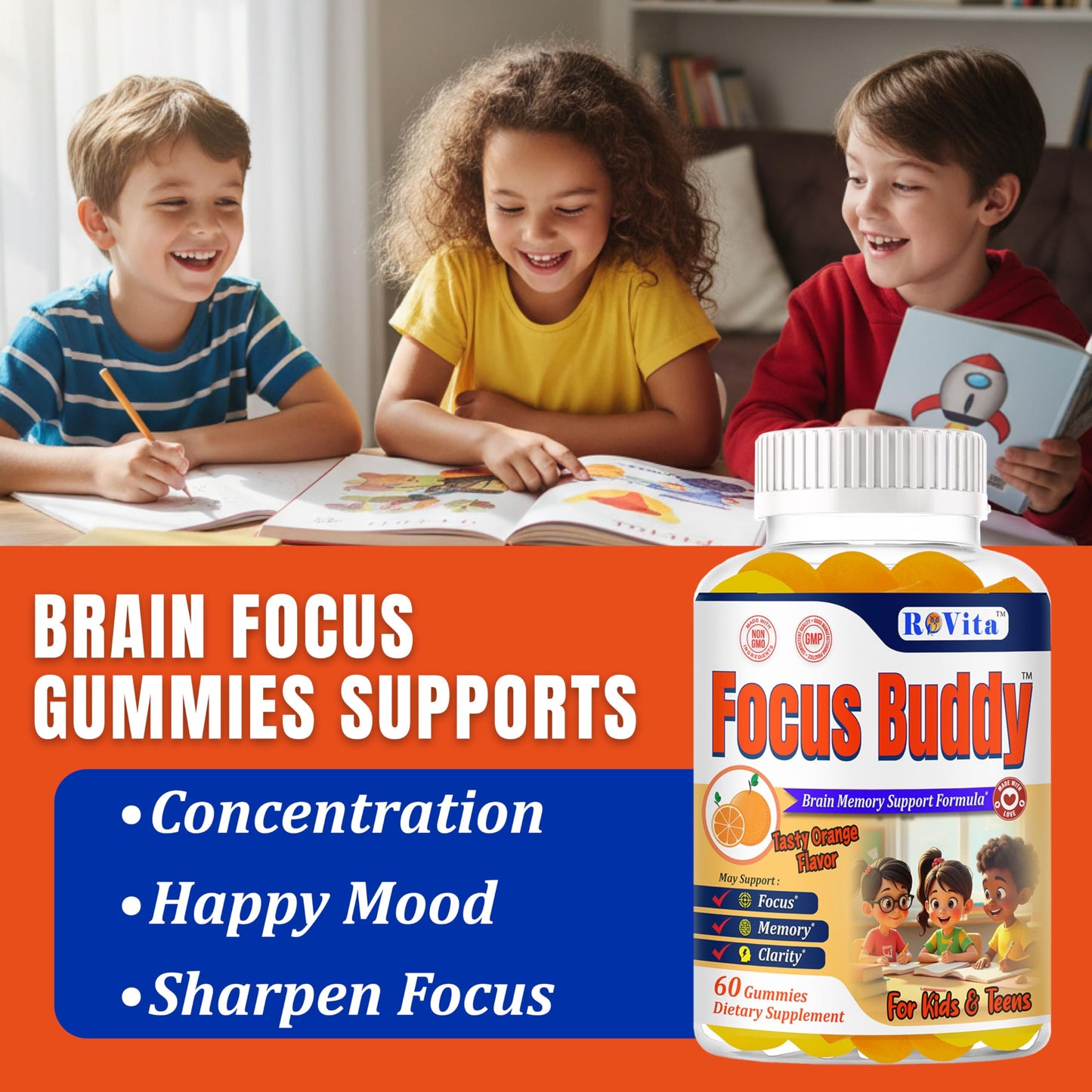 ROVita Focus Buddy Kids Focus and Attention Supplements Gummy, 60 Gummies