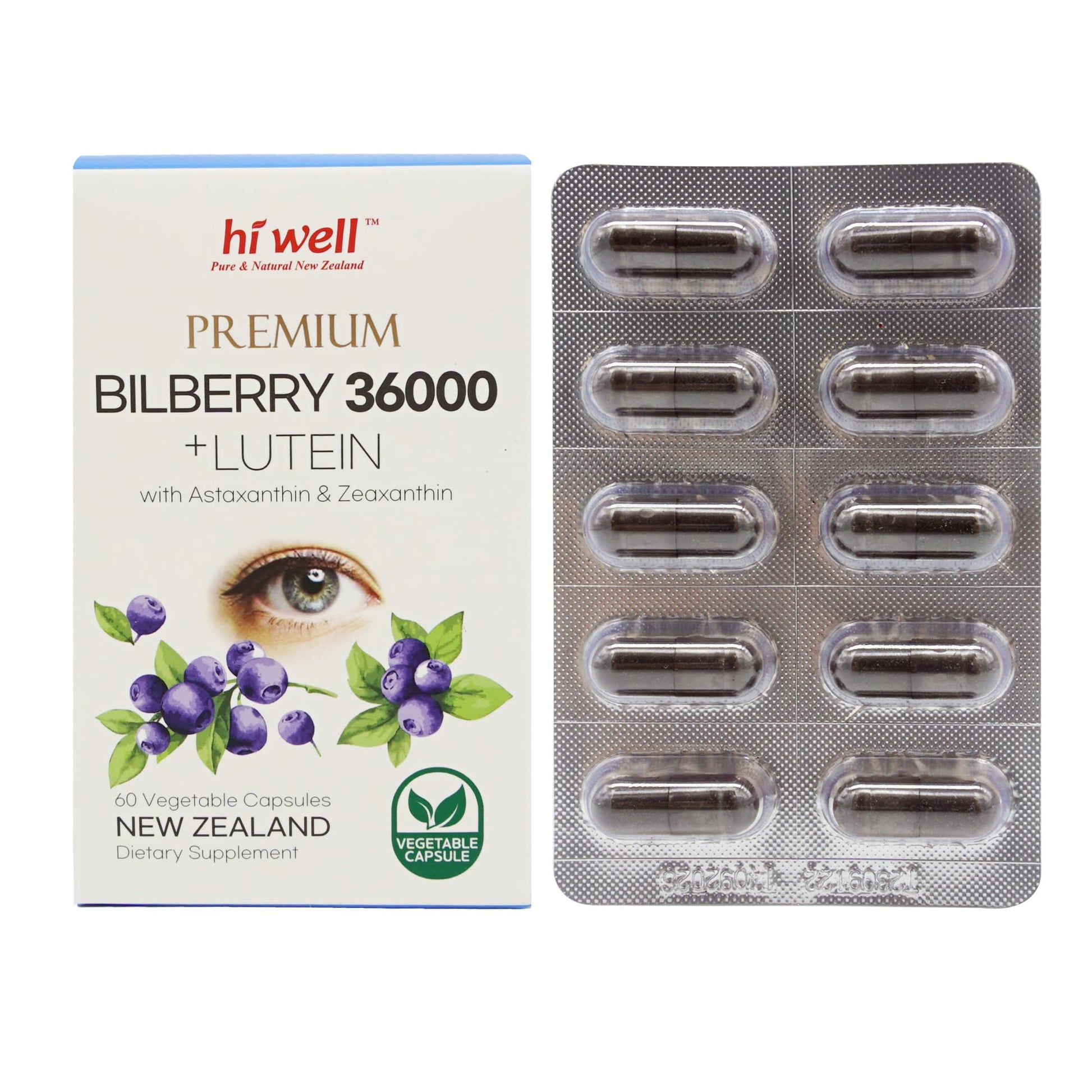 Hi Well Pure & Natural New Zealand Premium Bilberry 36000 + Lutein 12mg Capsules, 60 Count