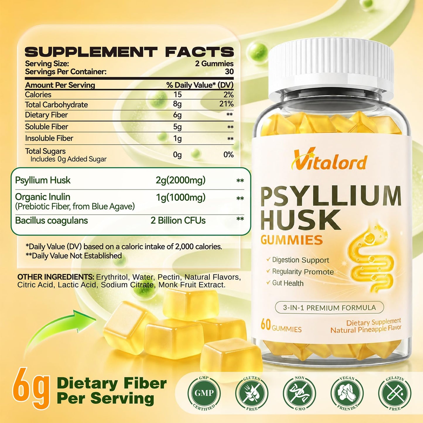 Vitalord Psyllium Fiber Gummies Sugar Free, 60 Count