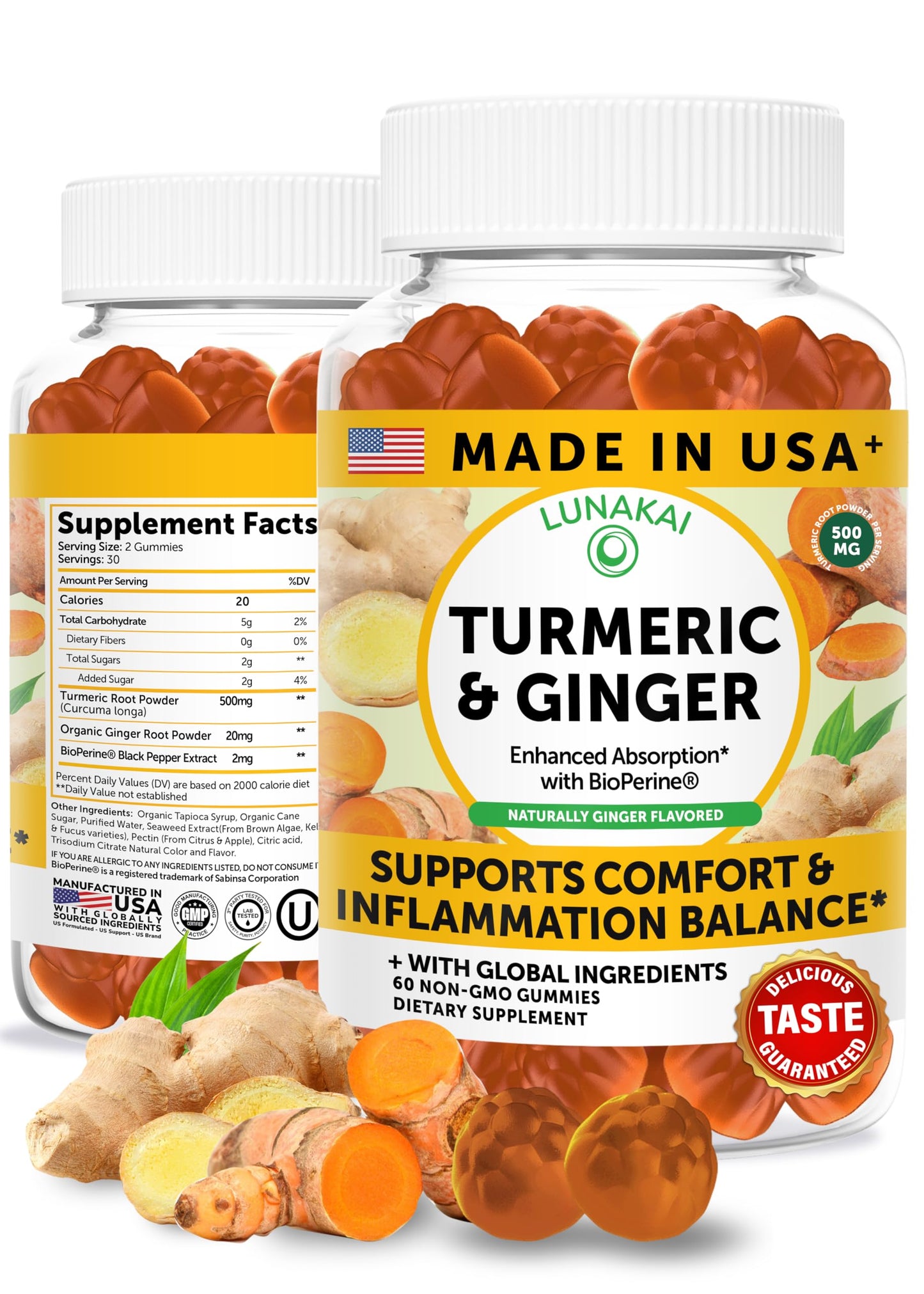 Lunakai Turmeric and Ginger Supplement Gummies 500mg with Black Pepper, High Absorption Curcumin, Joint Comfort and Immune Support, Non-GMO, 60 Gummies