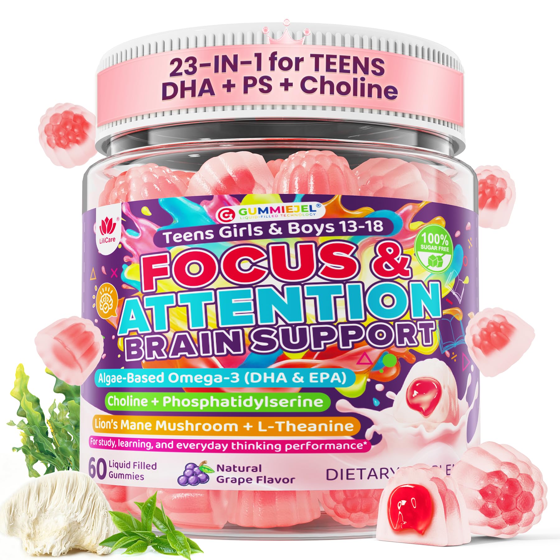 LILICARE Teen Brain Focus Gummies with Omega-3 DHA, Lion's Mane Mushroom, 60 Gummies