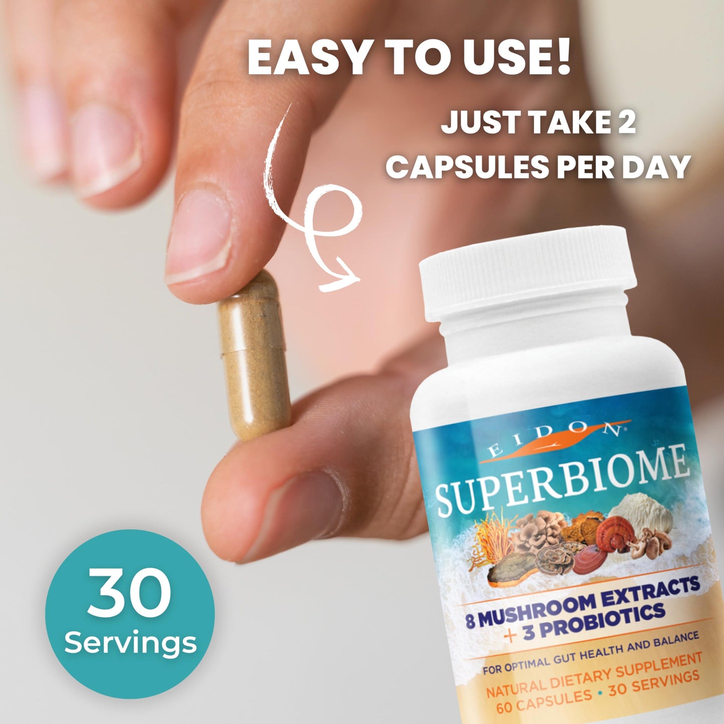 Eidon Ionic Minerals SuperBiome Mushroom Complex Capsules with Reishi Chaga Lions Mane Cordyceps Turkey Tail, 60 Capsules