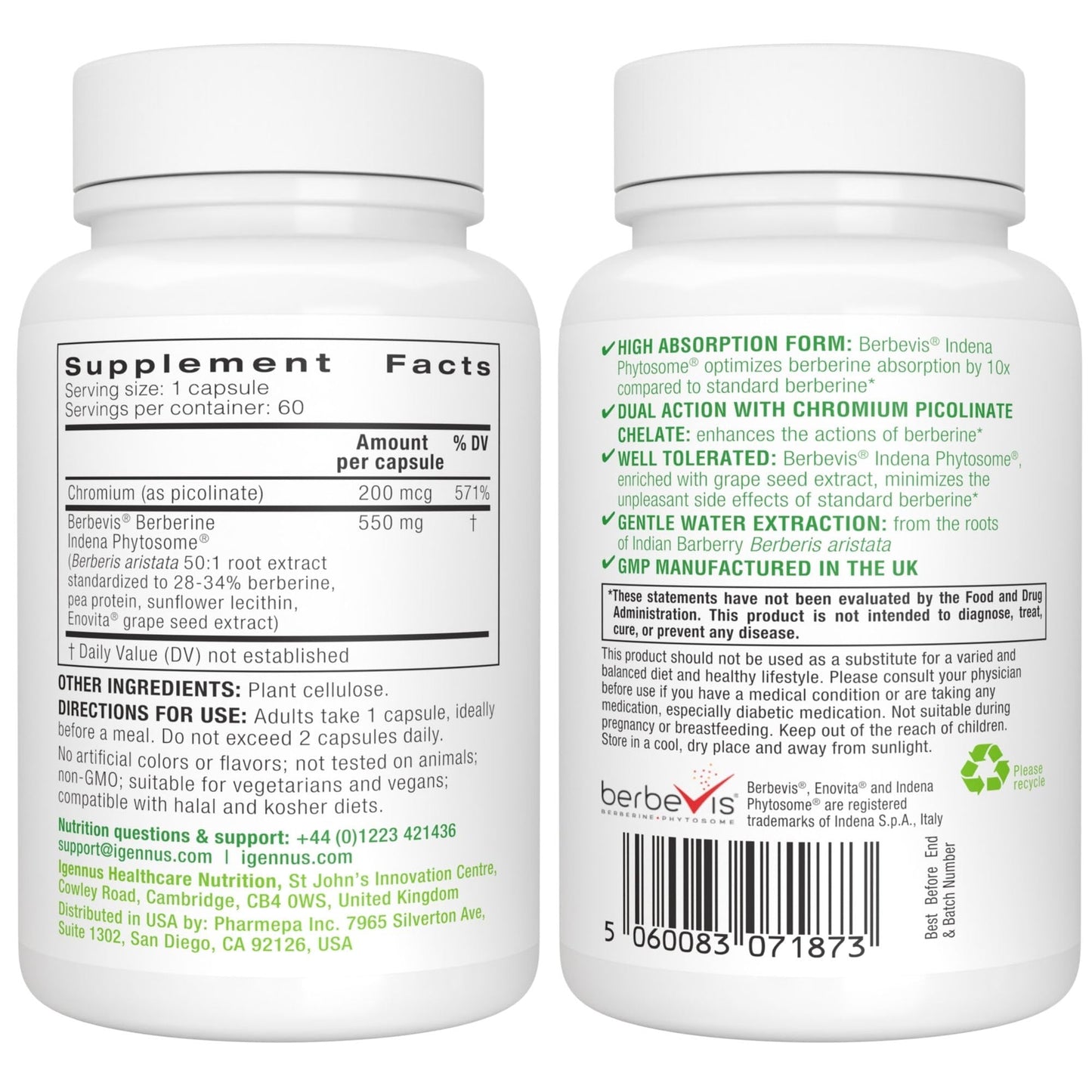 Igennus Healthcare Nutrition Berberine Phytosome 550mg with Chromium Capsule, 60 Capsules