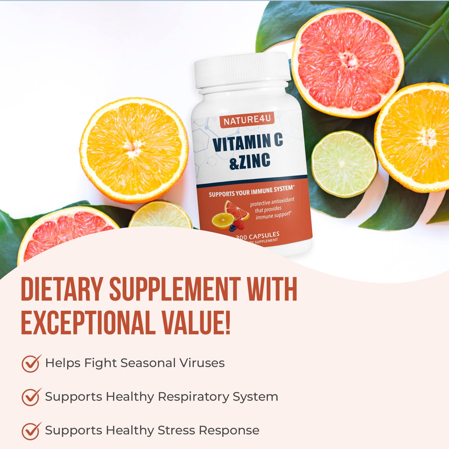 Nature4U Vitamin C 1000mg with Zinc, Rose HIPS and Citrus Bioflavonoids, Immune Support Supplement Antioxidants Protection, 300 Capsules