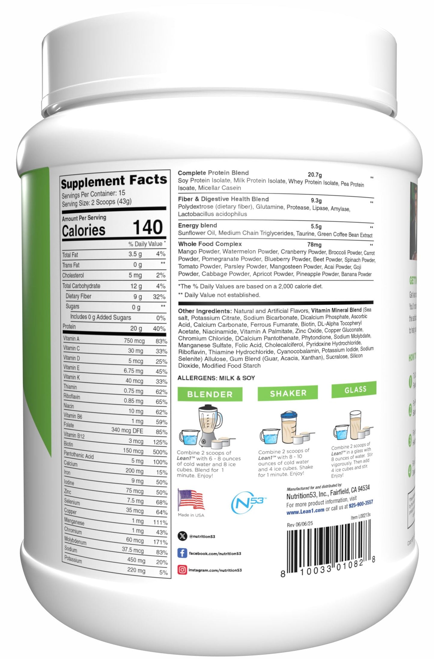 N53 Lean1 Meal Replacement Protein Powder Vanilla Flavor 15 Servings