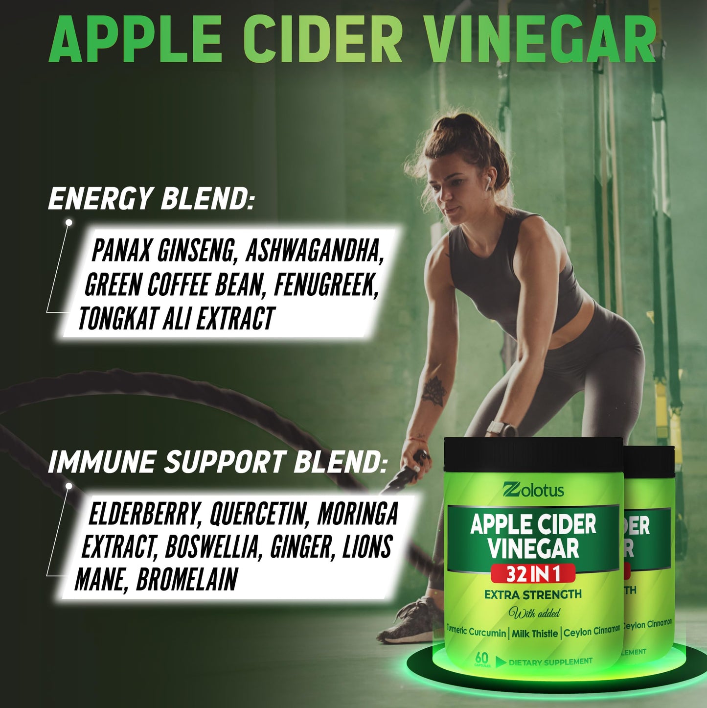 Zolotus Apple Cider Vinegar Capsules 32in1 with Turmeric, Cinnamon, Milk Thistle, Berberine, Elderberry, Quercetin, 120 Capsules