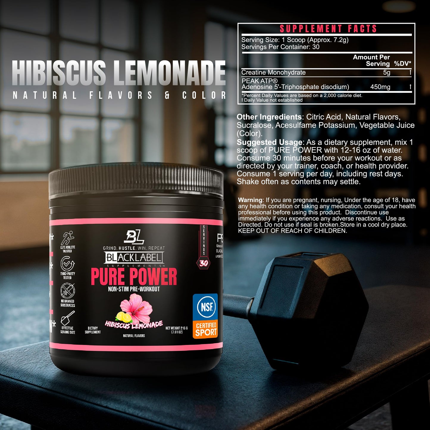 BLACKLABEL Supplements Pure Power NSF Certified for Sport Pre-Workout Hibiscus Lemonade Powder 7.65 Ounce