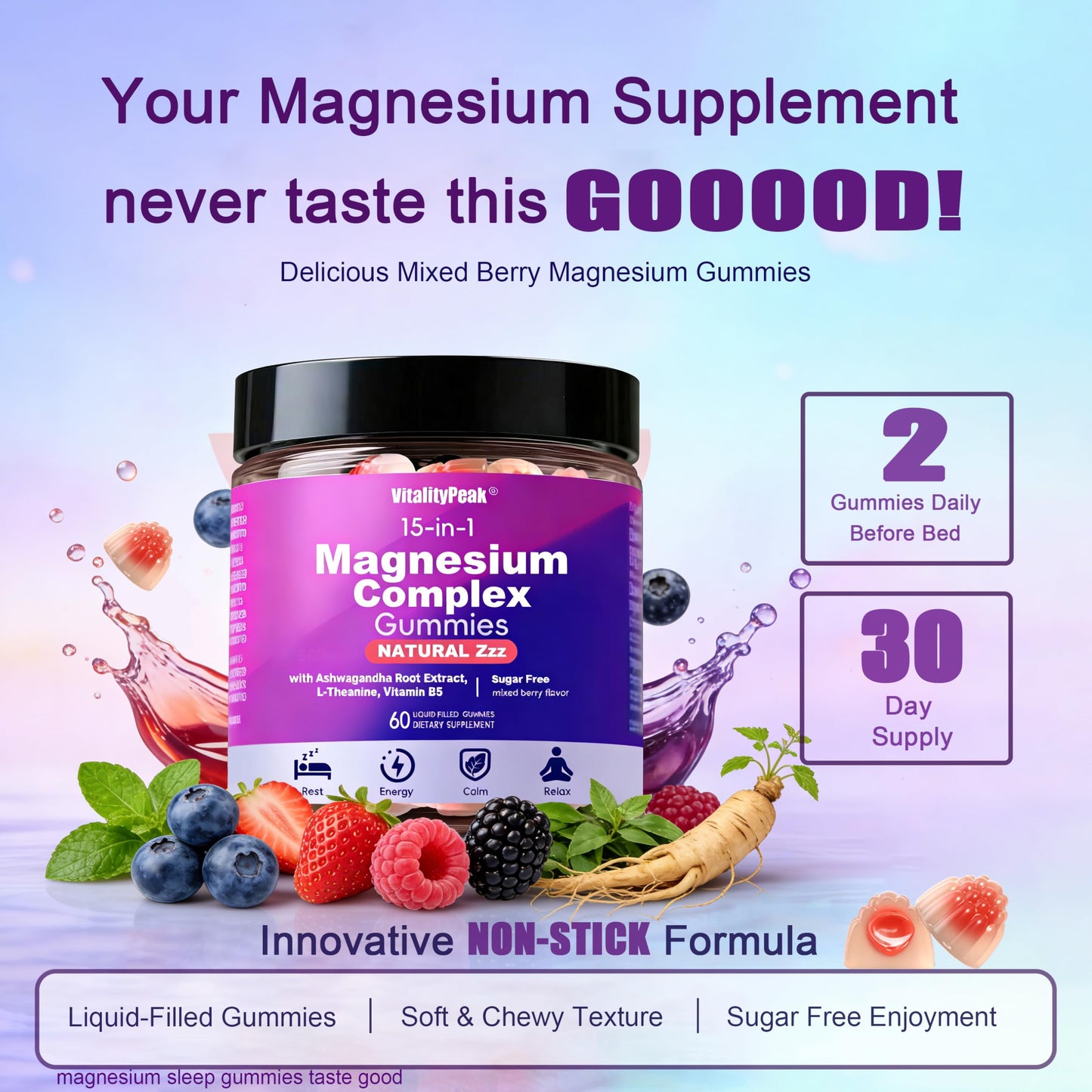 VitalityPeak Magnesium Sleep Gummies 400mg – Calm Magnesium Complex Gummies for Sleep Support & Relaxation with L-Theanine & Ashwagandha – Non Melatonin, Sugar Free Vegan, 60 Count