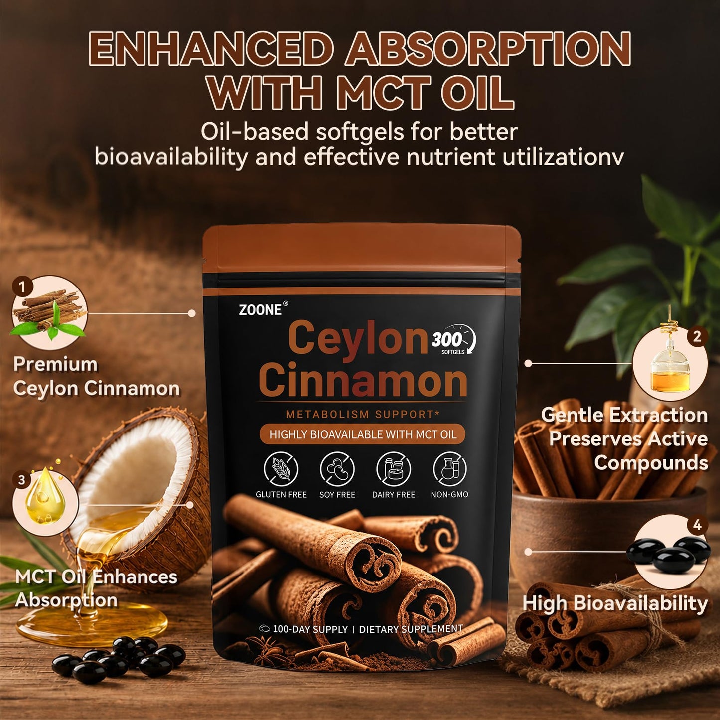 Zoone Ceylon Cinnamon Softgels with MCT Oil, Herbal Extract, 300 Softgels