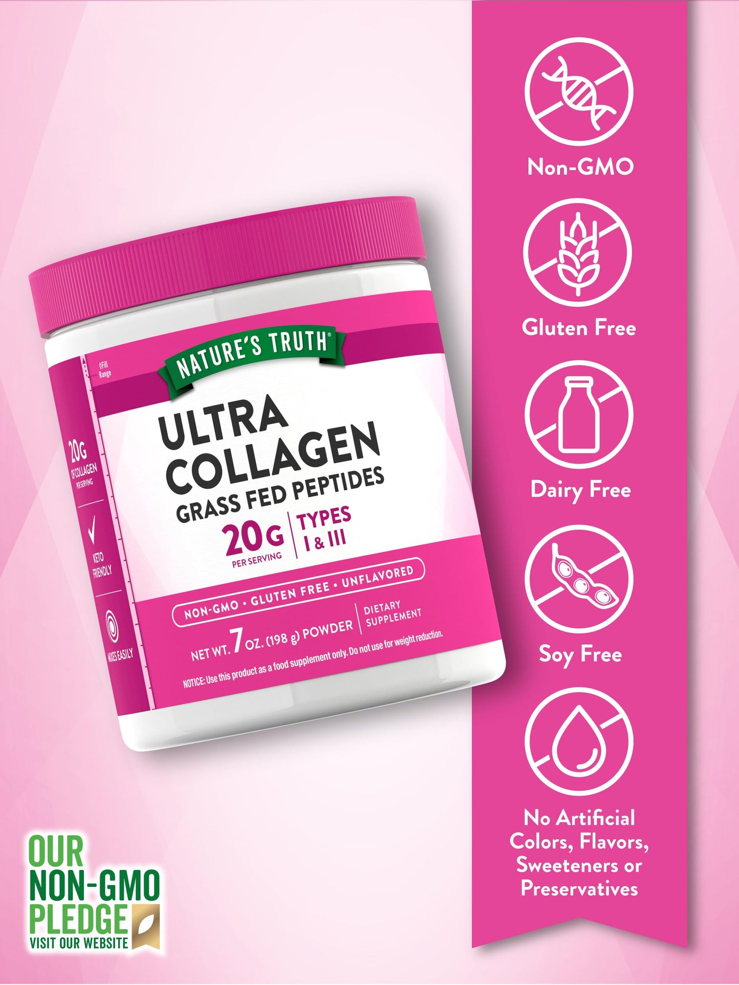 Nature's Truth Collagen Powder 7 oz Unflavored, Grass-Fed Peptides, Keto Friendly, Non-GMO, Gluten Free